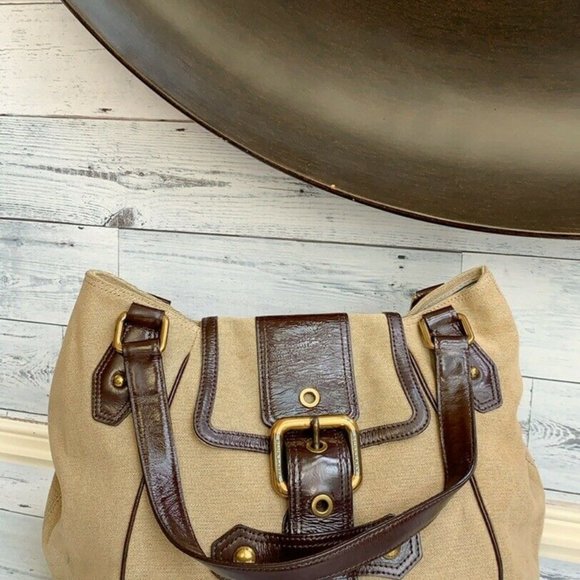 Authentic Burberry Blue Label Beige Buckle Canvas Chocolate Patent  Leather Bag - Picture 9 of 13